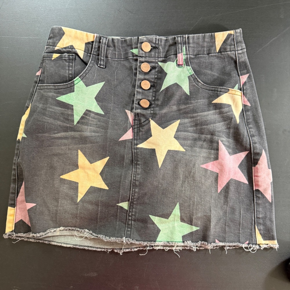 Toast Jeans Star Print Denim Mini Skirt Black Multi Medium Button Fly Raw Hem
